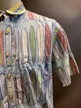Mens, Casual Shirt, KAHALA, Baby Blue, Blue, Lime Green, Off White, Rust Orange, Cotton, Hawaiian Print, L, S/S, Button Front, Collar Attached, Chest Pocket