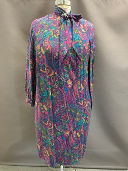 LIZ CLAIBORNE, Magenta Purple, Teal Blue, Dk Green, Mustard Yellow, Silk, Paisley/Swirls, Abstract , Neck Tie Attached, Buttons At Left Shoulder, Pleated At Shoulder, L/S, Hem Below Knee