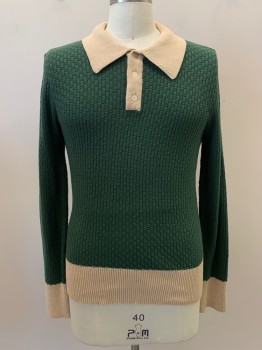 Mens, Pullover Sweater, COLLECTIF, Green, Beige, Cotton, Color Blocking, L, L/S, C.A., 3 Buttons, Knit