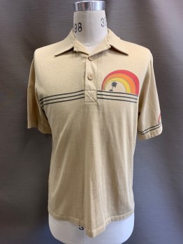 MERVYN'S, Beige, Multi-color, Poly/Cotton, Stripes, Graphic, 2 Bttns, S/S, Faded Black Stripes, Red, Orange, Yellow Rainbow with Palm Tree On Chest And Left Sleeve