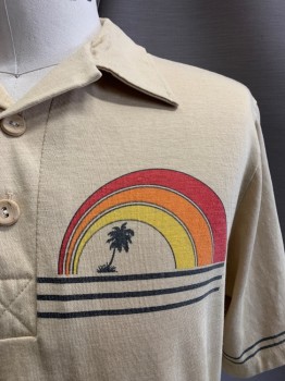 Mens, Polo Shirt, MERVYN'S, Beige, Multi-color, Poly/Cotton, Stripes, Graphic, 40, M, 2 Bttns, S/S, Faded Black Stripes, Red, Orange, Yellow Rainbow with Palm Tree On Chest And Left Sleeve
