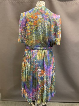 LADY CAROL, Blue, Green, White, Orange, Red Burgundy, Poly/Cotton, Floral, Round Neck, 1/2 B.F.,  S/S, Gathered At Waist, Pleated Waist, with Matching Belt