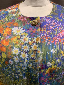 LADY CAROL, Blue, Green, White, Orange, Red Burgundy, Poly/Cotton, Floral, Round Neck, 1/2 B.F.,  S/S, Gathered At Waist, Pleated Waist, with Matching Belt
