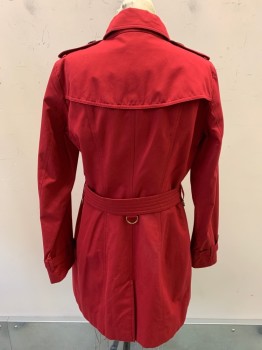 BURBERRY, Red, Cotton, Solid, Double Breasted, Belt Has 3 D-Rings