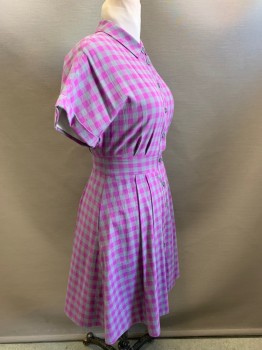 DEBRA MCGUIRE, Purple, Gray, Cotton, Polyester, Check , S/S, Button Front, Collar Attached, Pleated, Side Pocket,