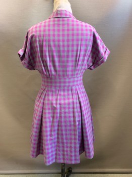 DEBRA MCGUIRE, Purple, Gray, Cotton, Polyester, Check , S/S, Button Front, Collar Attached, Pleated, Side Pocket,