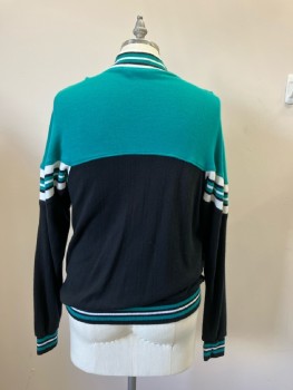 PIERRE CARDIN, Teal/Black/White Poly Jersey Knit, Rib Knit Striped Stand Collar/Arm Bands/Cuffs & Waistband, Zip Front, 2 Pckts,