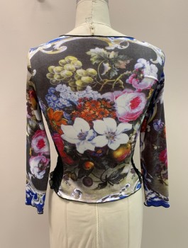 Womens, Top, LOVE, Lt Green, Blue, Multi-color, Polyester, Spandex, Floral, Novelty Pattern, B:34, Round Neck, L/S, Clear Rstones at Bust, Pink, Orange, White Flowers, Green Grapes, Peaches, Black Sheer Shirred Side Panels