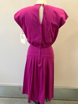 NL, Fuchsia Pink, Cotton, Solid, Slvlss, CN, Drop Pleated Waist, Keyhole Back, Buttons Up Back