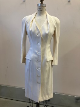 MTO, Cream, Wool, Solid, Crepe, Suit Dress, B.F., V-N, Novelty Halter Collar Draped Into Princess Seams, Raglan Sleeves with Oddly Finished Cuff, Top And Skirt Are Join Only At Front Button Placket,