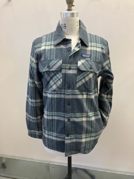PATAGONIA, Gray, Tan Brown, Olive Green, Cotton, Nylon, Plaid, Flannel Shirt Jacket With Quilted Lining, C.A., L/S, 2 Flap Pckt, 2 Pckt On Side Seams At Hips, Back Yoke with 2 Pleats
