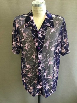 Mens, Club Shirt, Y.M.L.A., Navy Blue, Graphic, XL, Sheer Metallic with Pink Geometric Embroidery, S/S, B.F., C.A.,
