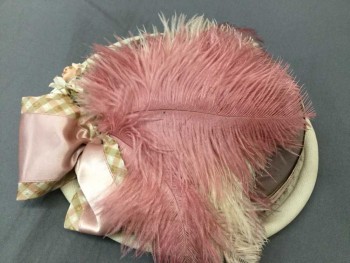Womens, Hat, ERA NOUVELLE, Gray, Wool, Silk, Felt Crown, Cream Straw Brim, Sage/Lt Pink/Cream Plaid Band with Lt Pink Satin On Top, Self Bow, Large Pink/Lt Pink Feathers, Peach/White Flowers,