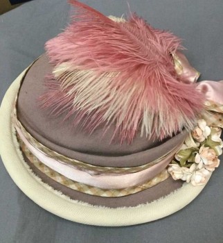Womens, Hat, ERA NOUVELLE, Gray, Wool, Silk, Felt Crown, Cream Straw Brim, Sage/Lt Pink/Cream Plaid Band with Lt Pink Satin On Top, Self Bow, Large Pink/Lt Pink Feathers, Peach/White Flowers,