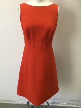 Womens, Dress, Sleeveless, KAREN MILLEN, Tomato Red, Polyester, Viscose, Solid, 4, Tomato Red with Red Lining, Wide Neck, Sleeveless, Belt-like Seams at Waist Front & Back, Flair Bottom, Zip Back,
