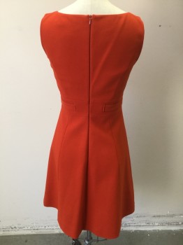 Womens, Dress, Sleeveless, KAREN MILLEN, Tomato Red, Polyester, Viscose, Solid, 4, Tomato Red with Red Lining, Wide Neck, Sleeveless, Belt-like Seams at Waist Front & Back, Flair Bottom, Zip Back,