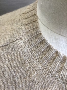 Mens, Pullover Sweater, BROOKS BROTHERS, Beige, Wool, Solid, L, Knit, Long Sleeves, Crew Neck