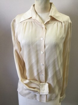 Womens, Blouse, ALAN AUSTIN CO., Cream, Silk, Stripes - Diagonal , B 38, Button Front, Collar Attached, Long Sleeves, Front and Back Yoke, No Collar Button, Jacquard