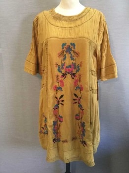 Womens, Dress, Short Sleeve, Free People, Mustard Yellow, Teal Blue, Fuchsia Pink, Black, Peach Orange, Cotton, Solid, Floral, M, Mustard Solid, Teal/Fuchsia/Black/Peach Floral Embroidery, Short Bell Sleeve, Crochet Lace Collar/ Inset Collar, Pintuck Yoke, Keyhole Back with Button, Pintuck Sleeve with Layered Hem/inset Lace Stripe, Lace Hem, Lace Inset Vertical and Horizontal Stripes