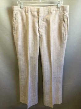 Mens, 1970s Vintage, Suit, Pants, N/L, Beige, White, Lt Blue, Cotton, Polyester, Stripes - Pin, Ins:29, W:34, Flat Front, Boot Cut, Zip Fly, 4 Pockets, Belt Loops,