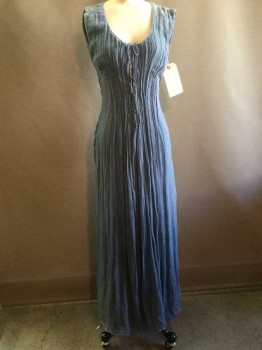 Womens, Historical Fiction Dress, Cornflower Blue, Cotton, Silk, Solid, 24W, 32B, Gauze Cotton and Silk Stitched Pleats and Drapes, Scoop Neck, Sleeveless, Tie Center Front Neck with Snaps
