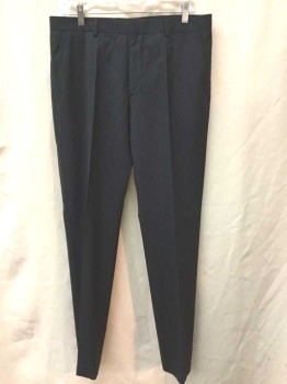 Mens, Suit, Pants, HUGO BOSS, Black, Gray, Wool, Stripes - Pin, 32/31, Black with Gray Dashed/Specked Pinstripe, Flat Front, Zip Fly, 4 Pockets, Slim Leg