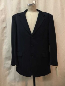 Mens, Suit, Jacket, JONES NY, Navy Blue, Wool, Solid, 48 L, Navy, Notched Lapel, 3 Buttons,