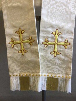 Unisex, Stole, CM ALMY, Cream, Silk, Floral, O/S, Jacquard, Gold/White Fringe, Yellow/Red Large Embroidered Crosses on Ends, 1 Small Cross on Back Neck