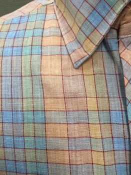Mens, Casual Shirt, DAN RIVER, Peach Orange, Lavender Purple, Lt Blue, Red, Lt Green, Polyester, Cotton, Plaid - Tattersall, Color Blocking, M, Multicolor Squares/Grid Pattern, Short Sleeve Button Front, 1 Pocket, Early 1980's