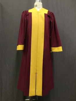 Unisex, Choir Robe, Murphy Robes, Maroon Red, Mustard Yellow, Polyester, Solid, L 53, Ch 36, Maroon Body, Mustard Collar/Placket/Cuff, Zip Front, Multiples
