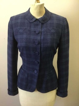 Womens, 1940s Vintage, Suit, Jacket, DAVIDOW, Navy Blue, Blue, Slate Blue, Wool, Plaid-  Windowpane, W:26, B:38, Thick Wool, Single Breasted, Small Peter Pan Collar, 5 Self Fabric Covered Buttons, 2 Hip Pockets, and 2 Faux Welt Pockets at Chest, Padded Shoulders, Dark Purple Silk Lining, **Suit is 3 Piece, Self Fabric Structured Belt with Self Fabric Rectangular Buckle ***Belt Fabric is Worn at Buckle