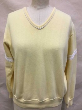 Womens, Sweatshirt, SPORTSWEAR, Lt Yellow, White, Cotton, Acrylic, Solid, Stripes, B:42, Jersey, Light Yellow with White Applique Stripes on Sleeves, 1/4" Trim at V-neck, Pullover, Vintage