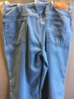 Mens, Jeans, MAVERICK, Sky Blue, Cotton, Solid, 28, 30, Flat Front, Zip Front, 4 Pockets, Belt Loops, Ochre Stitching, Strange Blue, Twill