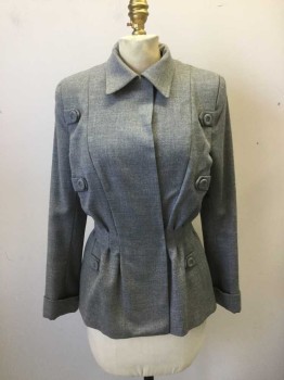 Womens, Jacket, COLEMANS, Gray, Wool, Synthetic, Heathered, B34, Double Breasted, Snap Front Closure. Collar Attached, Long Sleeves with Cuffs. 6 Covered Button Detail at Side Front. Fitted at Waist. Panelled . Dusty Rose Synthetic Lining