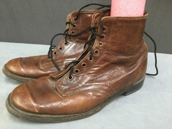 BAXTER, Brown, Leather, Solid, Round Toe, Lacing/Ties,  Low Stack Heel, Worn In