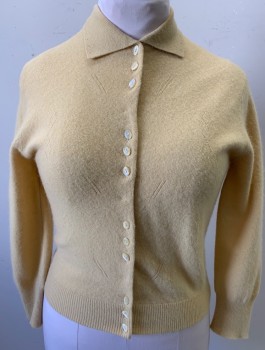Womens, Sweater, MARIANNE SHOPS, Cream, Wool, Angora, Solid, B:38, Knit, with Diamonds and Diagonal Line Faint Impressions in Knit, 3/4 Sleeves, Collar Attached, Clusters of 3 Oval Buttons at Front,
