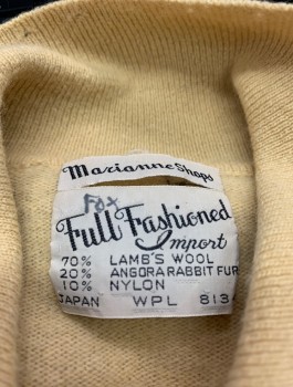 Womens, Sweater, MARIANNE SHOPS, Cream, Wool, Angora, Solid, B:38, Knit, with Diamonds and Diagonal Line Faint Impressions in Knit, 3/4 Sleeves, Collar Attached, Clusters of 3 Oval Buttons at Front,