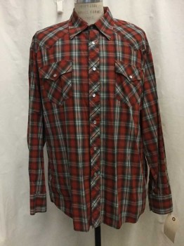 Mens, Western, RANCHWEAR OF CA, Red, White, Green, Black, Cotton, Plaid, 37/37, 17.5, Red/white/green/black Plaid, Snap Front, Collar Attached, Long Sleeves,