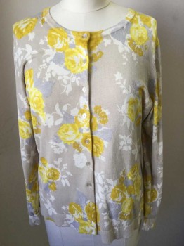 Womens, Sweater, CHARTER CLUB, Taupe, Off White, Lemon Yellow, Dijon Yellow, Rayon, Nylon, Floral, 2XL, Button Front, Long Sleeves,