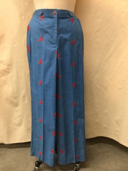 Womens, 1970s Vintage, Piece 2, MTO, Sky Blue, Red, Polyester, Heathered, Novelty Pattern, 32W, Pants - Flat Front, Zip Front, No Pockets, Elastic Side Waistband, Faux Button Tab Detail Front, Red Lobsters Embroidered All Over! Double,