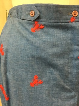 Womens, 1970s Vintage, Piece 2, MTO, Sky Blue, Red, Polyester, Heathered, Novelty Pattern, 32W, Pants - Flat Front, Zip Front, No Pockets, Elastic Side Waistband, Faux Button Tab Detail Front, Red Lobsters Embroidered All Over! Double,