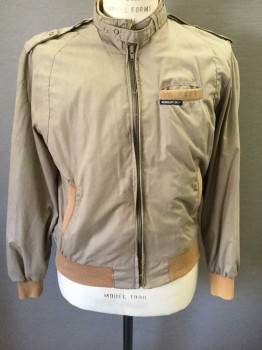 Mens, Windbreaker, MEMBERS ONLY, Beige, Tan Brown, Polyester, Nylon, Solid, 40, Zipper Center Front, Tan Ribbed Cuffs, Waistband, + Edge Of 3 Pockets, Epaulettes, Self Buckle At Stand Collar W/2 Snap Closures, Beige Lining,