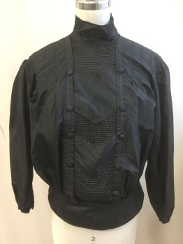 N/L, Black, Silk, Solid, 3/4 Sleeve, Buttons in Back, Stand Collar, Front Has Chevron Panels, Alternating With/Without Pintucks, Decorative Self Fabric Covered Buttons, Pintucks at Shoulders **Fabric Breaking Down in Spots, IE. Cuffs, Underarms, Etc.,
