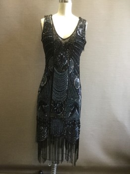 Womens, Cocktail Dress, UNIQUE VINTAGE, Black, Iridescent Blue, Synthetic, Beaded, Solid, XS, Black Mesh Overlay with Black/Iridescent Blue/Silver Beading and Sequins, V-neck, Sleeveless, Side Zip, Beaded Fringe, 1920's Reproduction, Flapper, Multiples