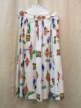 Womens, 1980s Vintage, Skirt, CHEZ T, White, Blue, Green, Yellow, Orange, Cotton, Abstract , S, Elastic Waist, Belt Loops, 2 Pockets, Stained Right Side Near Pocket