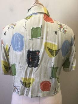 Womens, Shirt, COCORICO, Ecru, Multi-color, Olive Green, Orange, Black, Rayon, Abstract , B:38, M, Modern Art Inspired Shapes, S/S,  Button Front, Collar Attached, Cropped Length, Boxy Fit