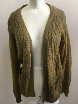 Womens, Sweater, NL, Mustard Yellow, Wool, Basket Weave, Cable Knit, S, Arguile/cable/basket Weave Patterns, V-neck, Very Distressed, Homeless