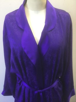 Womens, SPA Robe, NORDSTROM, Purple, Polyester, Leaves/Vines , S, Silky Material with Self Leaves/Abstract Pattern, Smooth Satin Rounded Notched Lapel, **With Belt