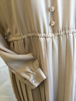 THE SHIRT DRESS, Lt Brown, Polyester, Solid, Sheer, Split with Mandarin/Nehru Collar, Pearly Light Brown with  Loop Button Front, 3 Large Pleat on Shoulder, Long Sleeves, Thin Elastic Waist Band, Accordion Pleat Skirt, MISSING BELT