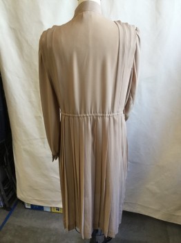 THE SHIRT DRESS, Lt Brown, Polyester, Solid, Sheer, Split with Mandarin/Nehru Collar, Pearly Light Brown with  Loop Button Front, 3 Large Pleat on Shoulder, Long Sleeves, Thin Elastic Waist Band, Accordion Pleat Skirt, MISSING BELT